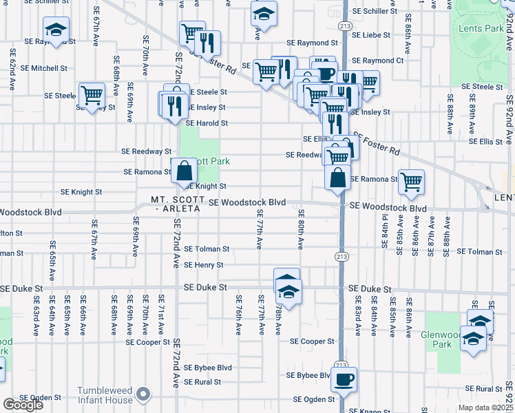 map of restaurants, bars, coffee shops, grocery stores, and more near 5915 Southeast 77th Avenue in Portland