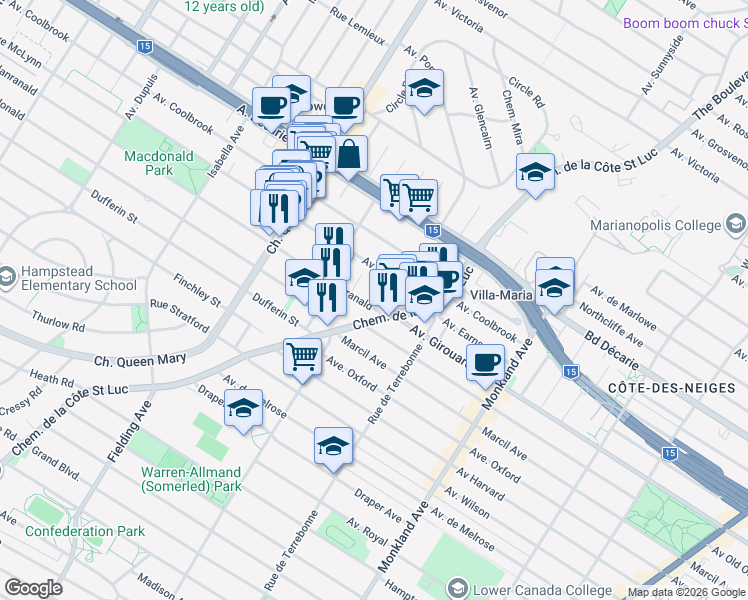 map of restaurants, bars, coffee shops, grocery stores, and more near 4635 Avenue Clanranald in Montréal