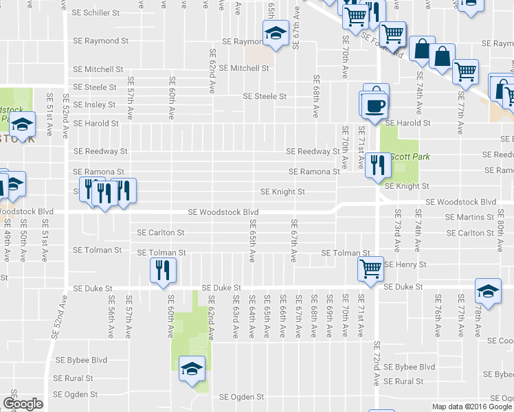 map of restaurants, bars, coffee shops, grocery stores, and more near 6508 Southeast Knight Street in Portland