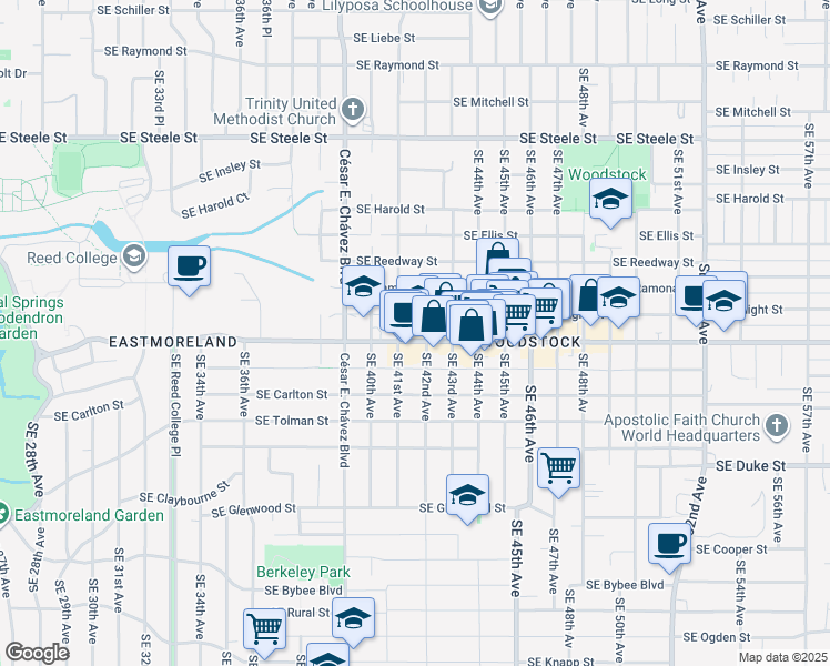 map of restaurants, bars, coffee shops, grocery stores, and more near 5830 Southeast 41st Avenue in Portland