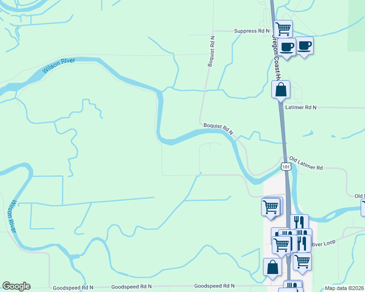 map of restaurants, bars, coffee shops, grocery stores, and more near 910 Makinster Road in Tillamook