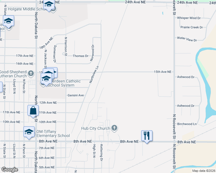 map of restaurants, bars, coffee shops, grocery stores, and more near Ordway Trail (Aberdeen) in Aberdeen