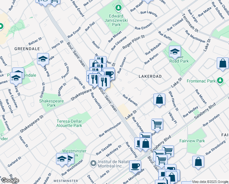 map of restaurants, bars, coffee shops, grocery stores, and more near 250 Rue Barnett in Dollard-des-Ormeaux