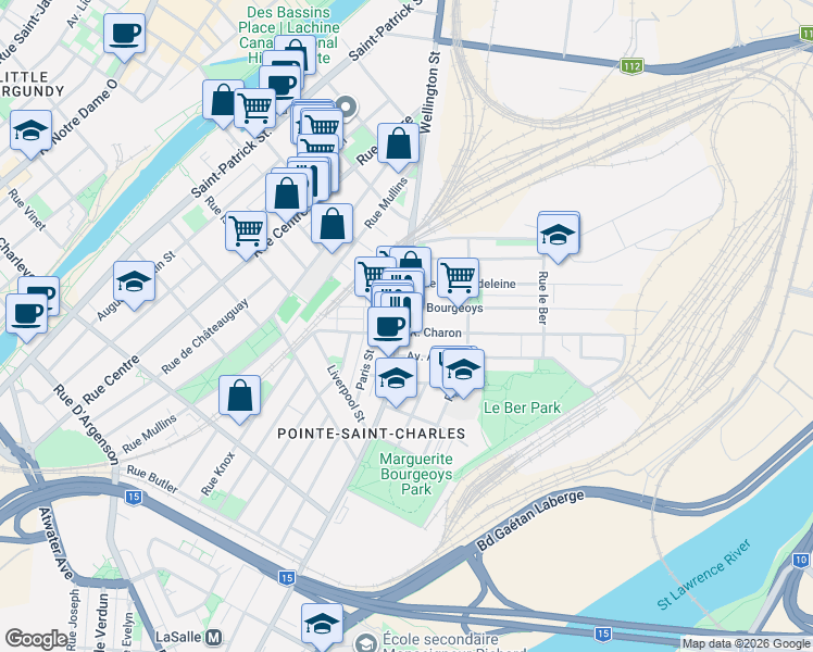 map of restaurants, bars, coffee shops, grocery stores, and more near 1980 Rue Wellington in Montréal