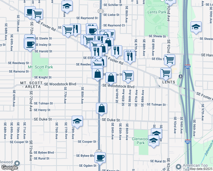 map of restaurants, bars, coffee shops, grocery stores, and more near SE Woodstock Blvd & SE 83rd Ave in Portland