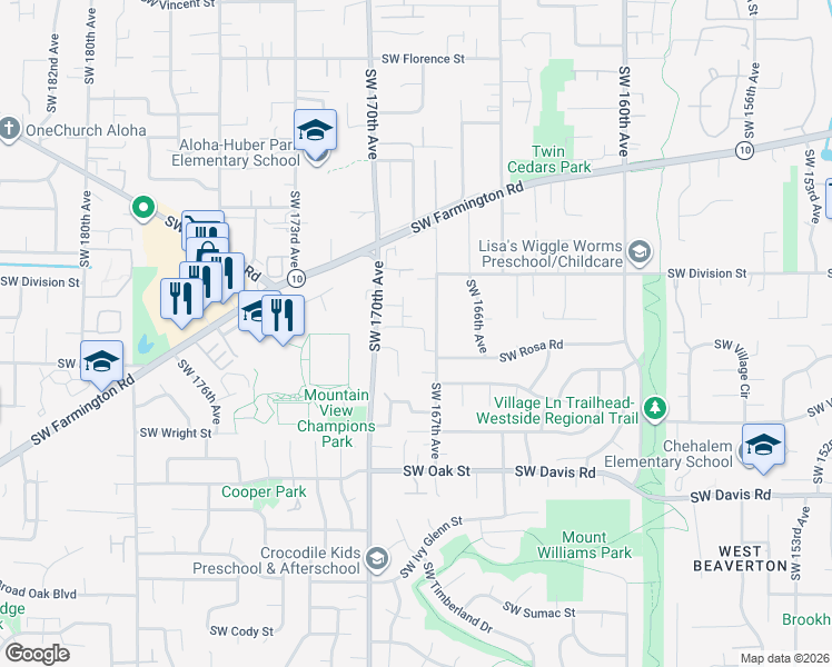map of restaurants, bars, coffee shops, grocery stores, and more near 5518 Southwest Norris Terrace in Beaverton