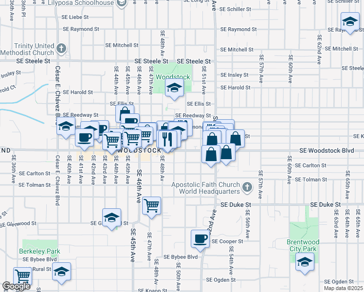 map of restaurants, bars, coffee shops, grocery stores, and more near 5829 Southeast 50th Avenue in Portland