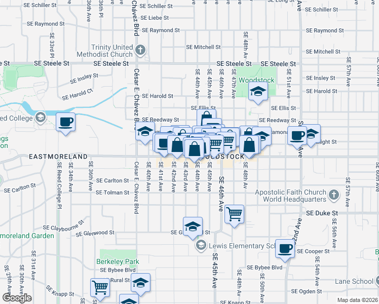 map of restaurants, bars, coffee shops, grocery stores, and more near 4309 Southeast Woodstock Boulevard in Portland