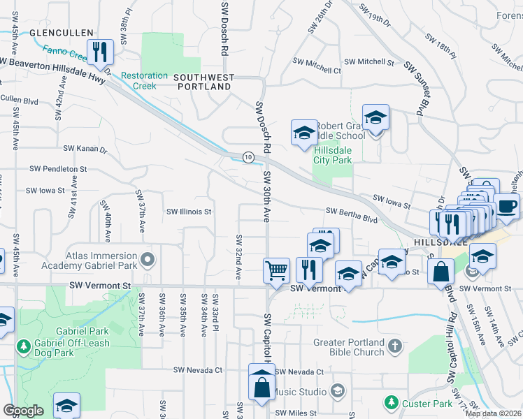 map of restaurants, bars, coffee shops, grocery stores, and more near 3014 Southwest Iowa Street in Portland