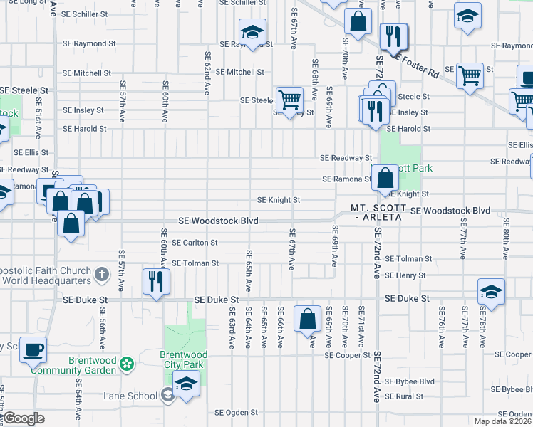 map of restaurants, bars, coffee shops, grocery stores, and more near 6539 Southeast Woodstock Boulevard in Portland