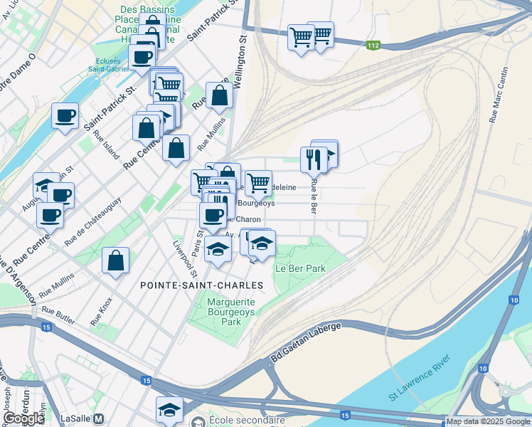 map of restaurants, bars, coffee shops, grocery stores, and more near 1972 Rue Favard in Montréal