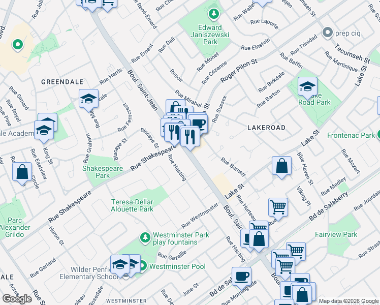 map of restaurants, bars, coffee shops, grocery stores, and more near Boulevard Saint-Jean in Dollard-des-Ormeaux