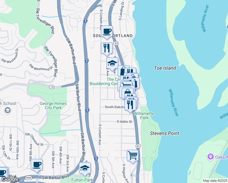 map of restaurants, bars, coffee shops, grocery stores, and more near 6125 Southwest Hood Avenue in Portland