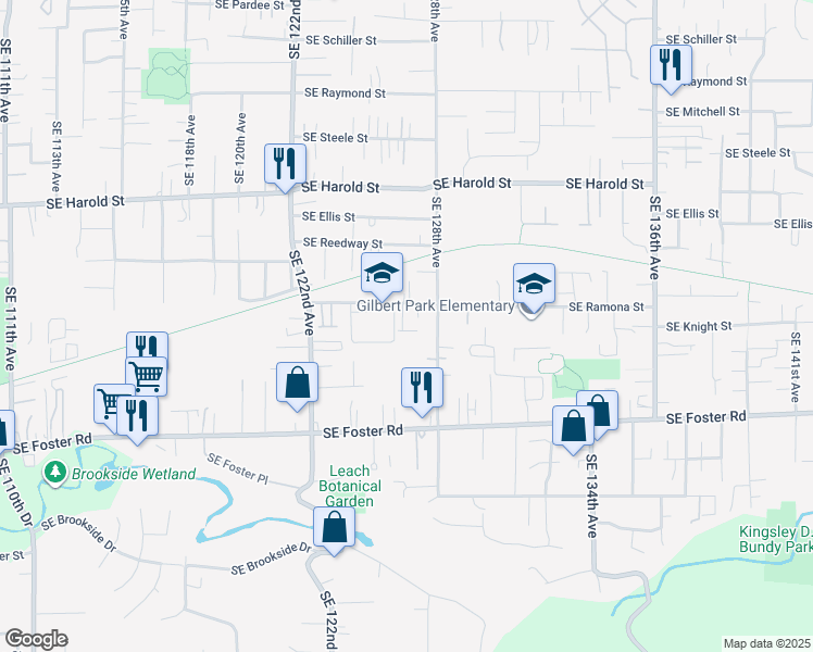 map of restaurants, bars, coffee shops, grocery stores, and more near 12626 Southeast Ramona Street in Portland
