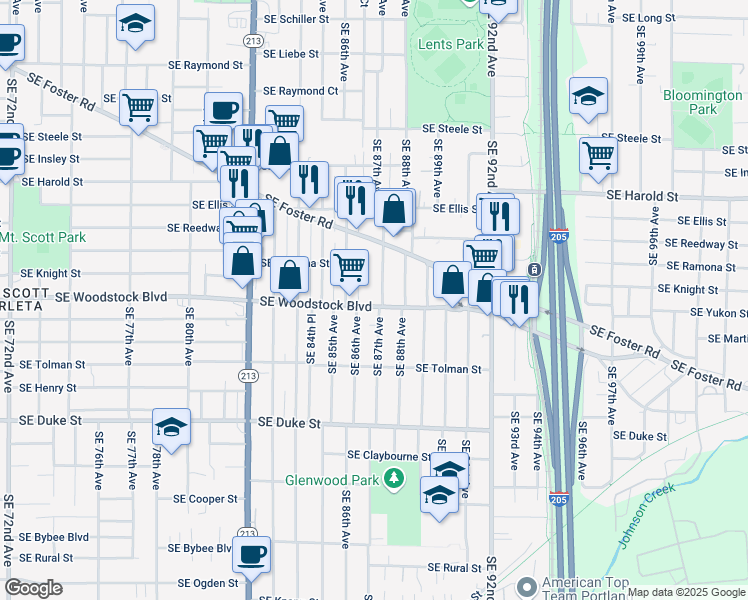map of restaurants, bars, coffee shops, grocery stores, and more near 5905 Southeast 87th Avenue in Portland