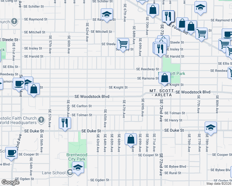 map of restaurants, bars, coffee shops, grocery stores, and more near 6636 Southeast Knight Street in Portland