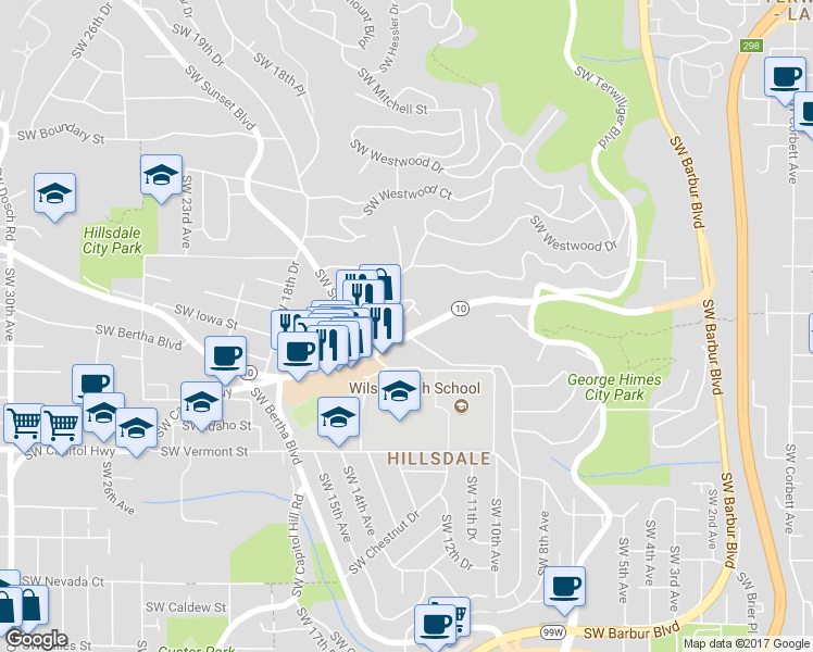map of restaurants, bars, coffee shops, grocery stores, and more near 1264 Southwest Cheltenham Street in Portland