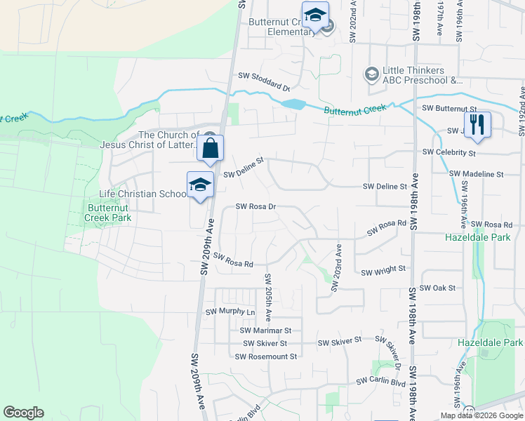 map of restaurants, bars, coffee shops, grocery stores, and more near 20603 Southwest Rosa Drive in Aloha
