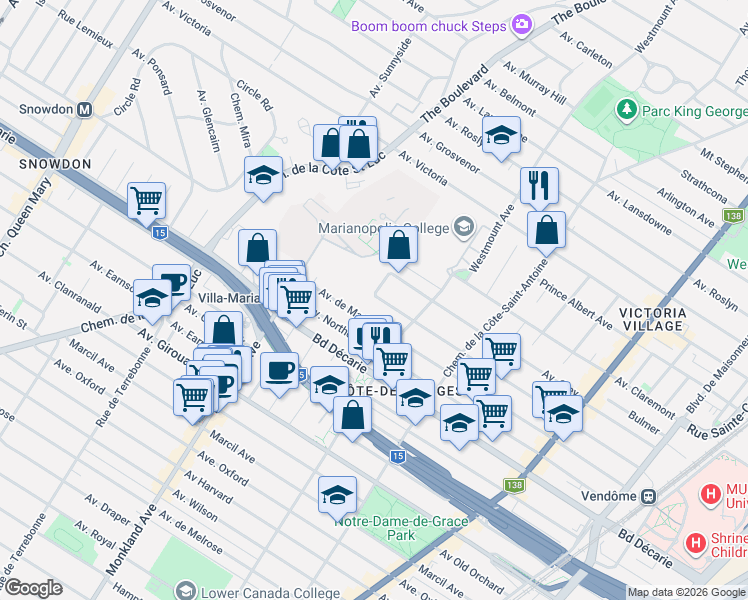 map of restaurants, bars, coffee shops, grocery stores, and more near 4060 Avenue de Vendôme in Montréal
