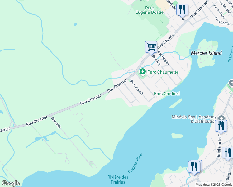 map of restaurants, bars, coffee shops, grocery stores, and more near 722 Rue Cherrier in Montréal