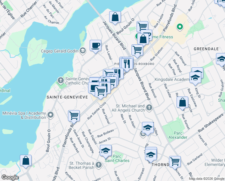 map of restaurants, bars, coffee shops, grocery stores, and more near 15694 Boulevard de Pierrefonds in Montréal