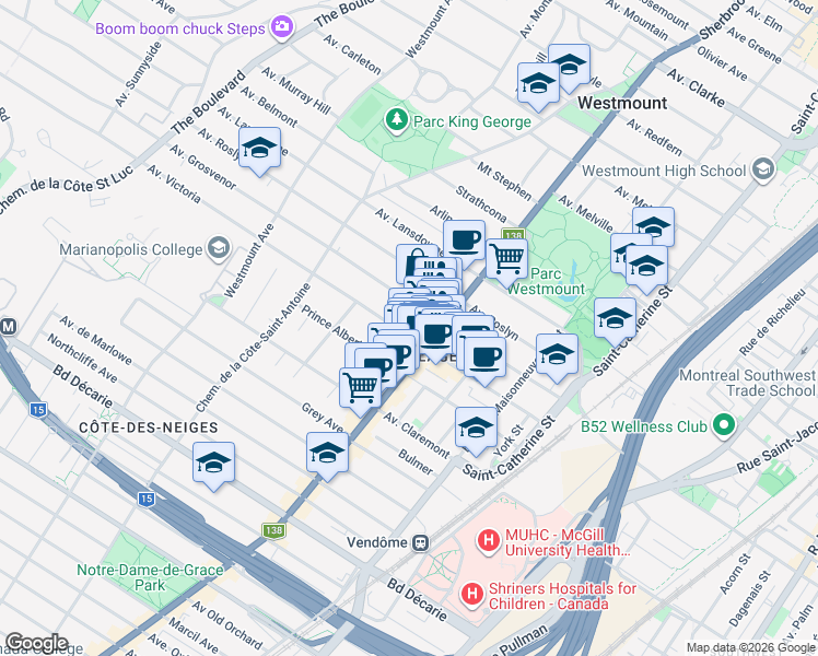 map of restaurants, bars, coffee shops, grocery stores, and more near 423 Avenue Victoria in Westmount