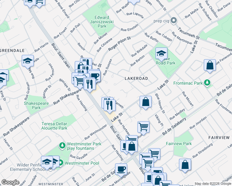 map of restaurants, bars, coffee shops, grocery stores, and more near 125 Rue Barnett in Dollard-des-Ormeaux