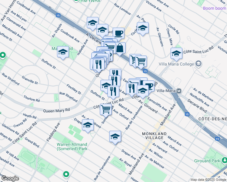 map of restaurants, bars, coffee shops, grocery stores, and more near 5550 Rue Snowdon in Montréal