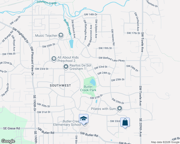 map of restaurants, bars, coffee shops, grocery stores, and more near 2525 Southwest 23rd Street in Gresham