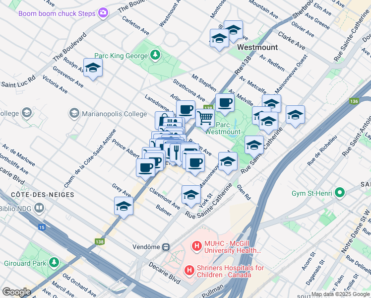 map of restaurants, bars, coffee shops, grocery stores, and more near 385 Avenue Grosvenor in Westmount