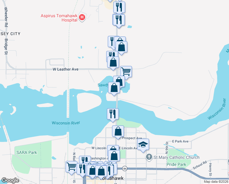 map of restaurants, bars, coffee shops, grocery stores, and more near 629 North 4th Street in Tomahawk