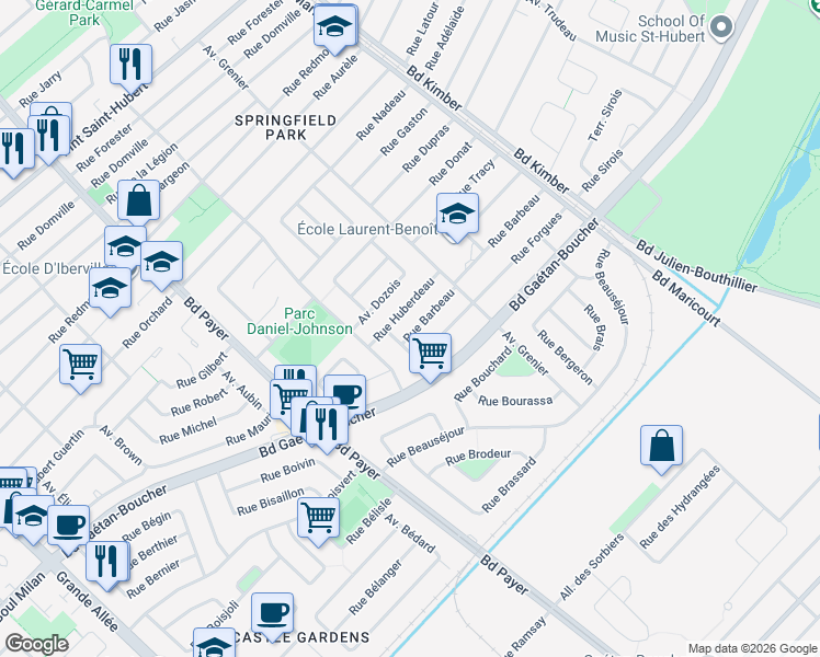 map of restaurants, bars, coffee shops, grocery stores, and more near 4470 Rue Barbeau in Longueuil