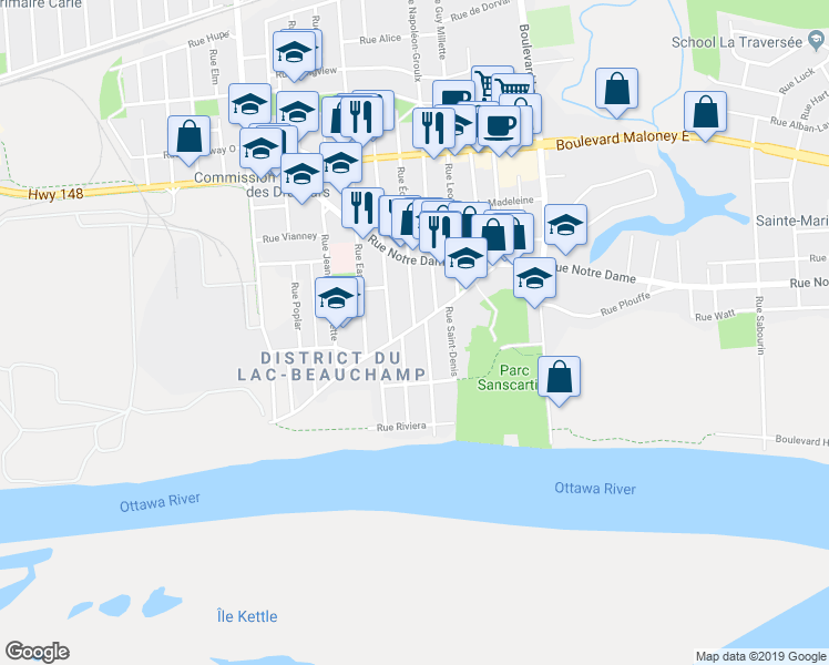 map of restaurants, bars, coffee shops, grocery stores, and more near 290 Rue Saint-André in Gatineau