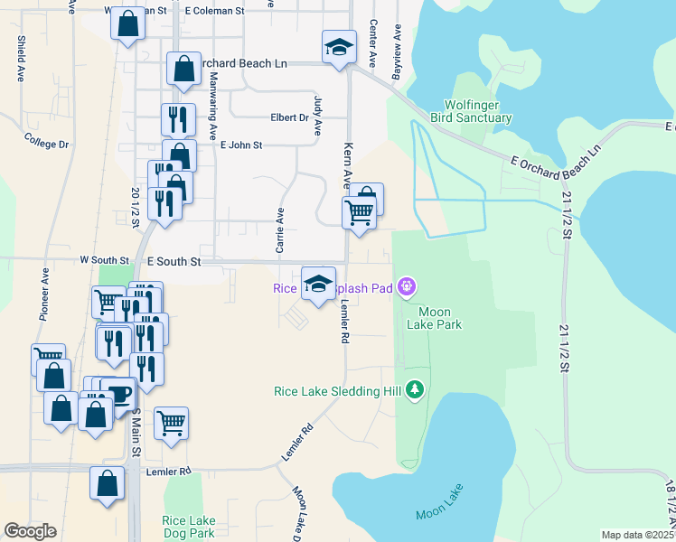 map of restaurants, bars, coffee shops, grocery stores, and more near 615 East South Street in Rice Lake