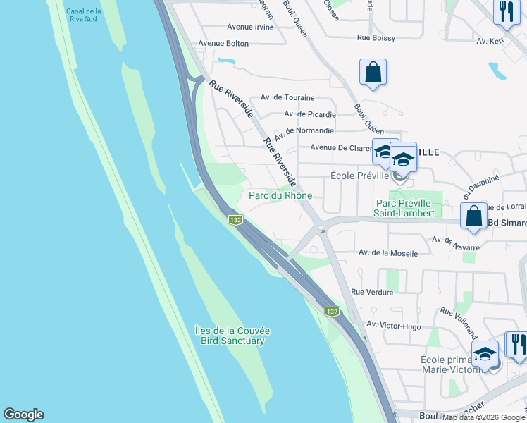 map of restaurants, bars, coffee shops, grocery stores, and more near 20 Avenue du Rhône in Saint-Lambert