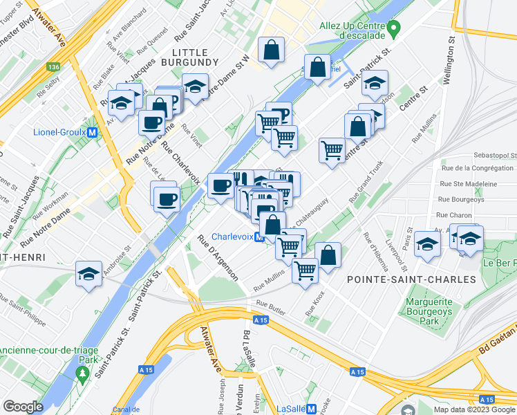map of restaurants, bars, coffee shops, grocery stores, and more near 2509 Rue Saint-Charles in Montréal