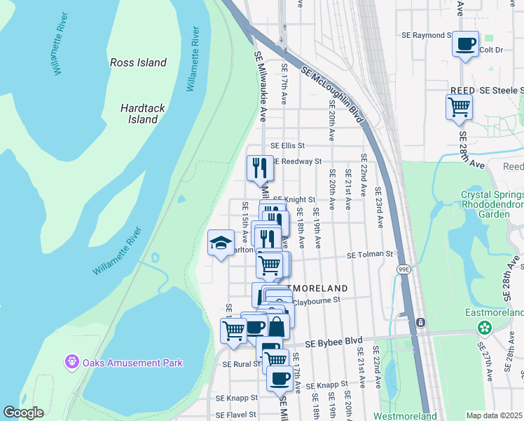 map of restaurants, bars, coffee shops, grocery stores, and more near 5931 Southeast Milwaukie Avenue in Portland