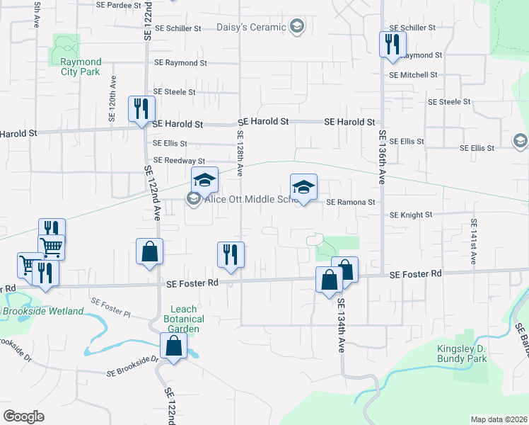 map of restaurants, bars, coffee shops, grocery stores, and more near 12912 Southeast Ramona Street in Portland