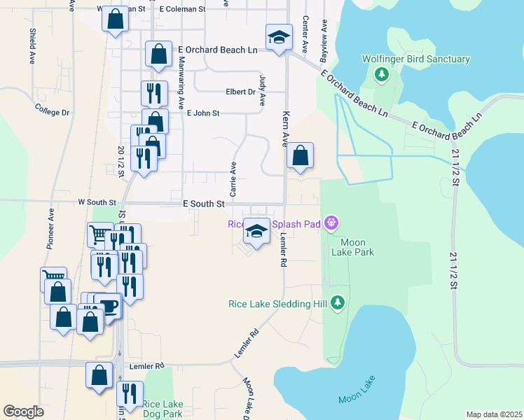 map of restaurants, bars, coffee shops, grocery stores, and more near 430 East South Street in Rice Lake