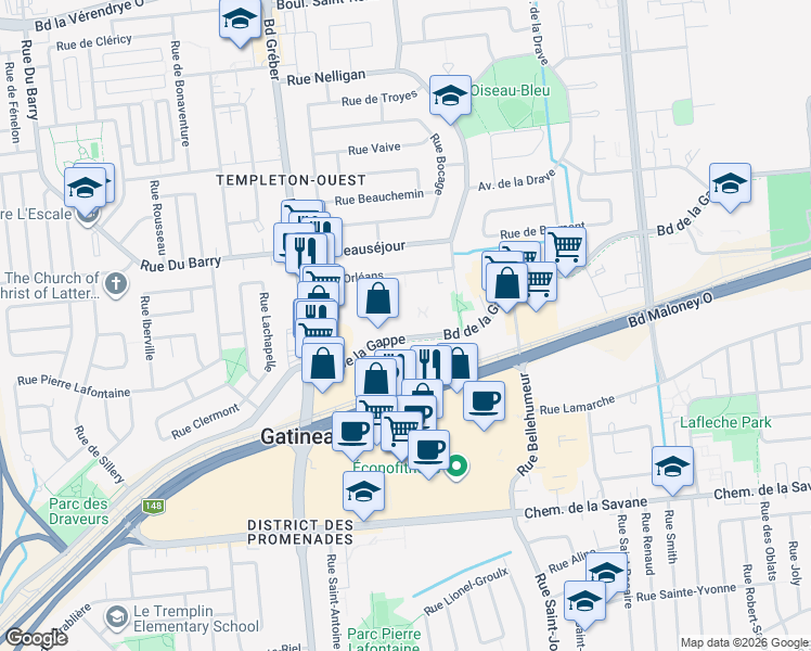 map of restaurants, bars, coffee shops, grocery stores, and more near 505 Boulevard de la Gappe in Gatineau