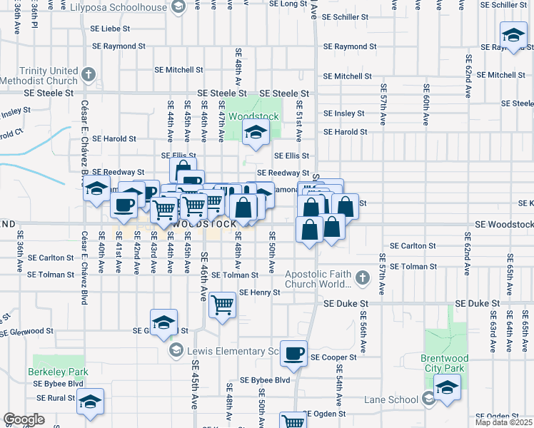 map of restaurants, bars, coffee shops, grocery stores, and more near 5829 Southeast 50th Avenue in Portland