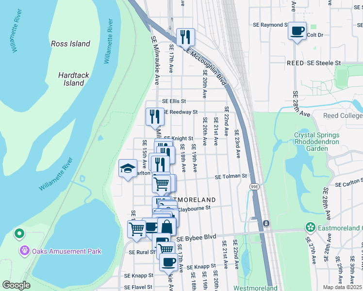 map of restaurants, bars, coffee shops, grocery stores, and more near 5907 Southeast 18th Avenue in Portland
