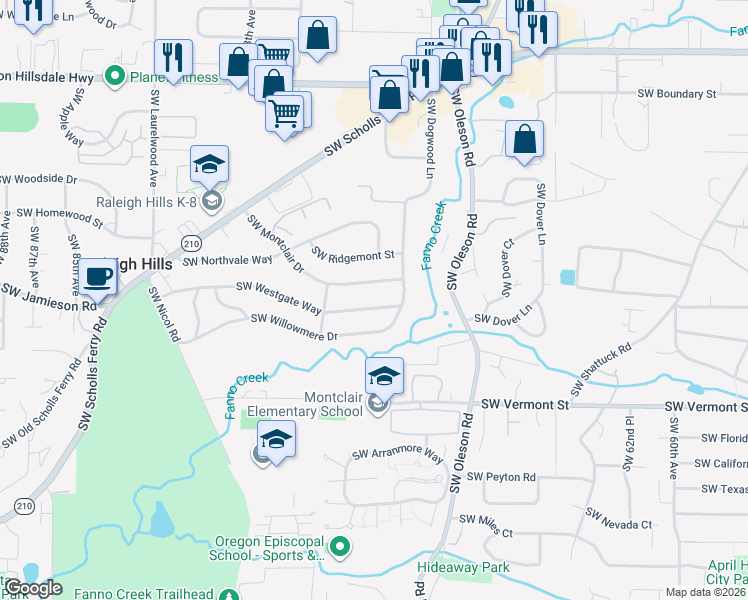 map of restaurants, bars, coffee shops, grocery stores, and more near 7160 Southwest Montclair Drive in Portland