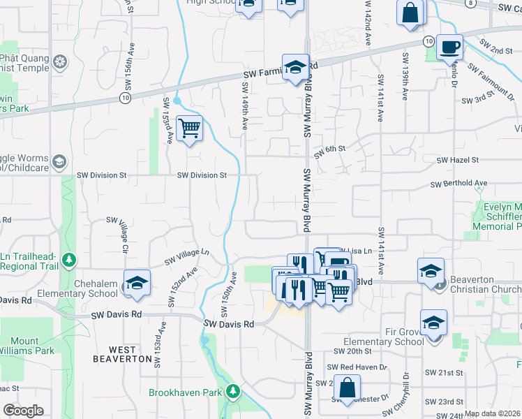 map of restaurants, bars, coffee shops, grocery stores, and more near 5520 Southwest 149th Avenue in Beaverton