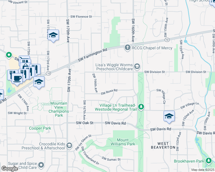 map of restaurants, bars, coffee shops, grocery stores, and more near 16345 Southwest Deline Court in Beaverton