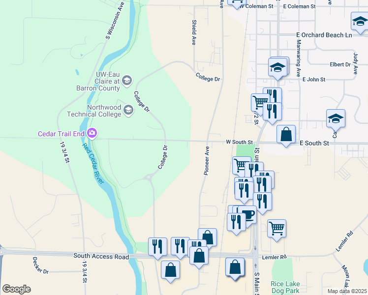 map of restaurants, bars, coffee shops, grocery stores, and more near 314 West South Street in Rice Lake