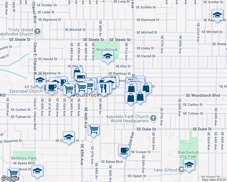 map of restaurants, bars, coffee shops, grocery stores, and more near 5829 Southeast 50th Avenue in Portland