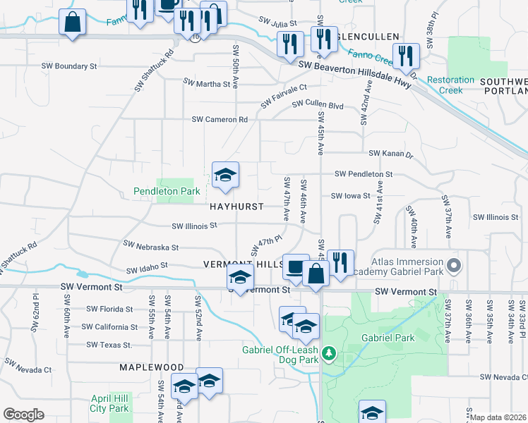 map of restaurants, bars, coffee shops, grocery stores, and more near 4809 Southwest Iowa Street in Portland