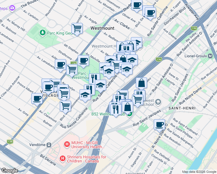 map of restaurants, bars, coffee shops, grocery stores, and more near 4592 Rue Sainte-Catherine Ouest in Westmount