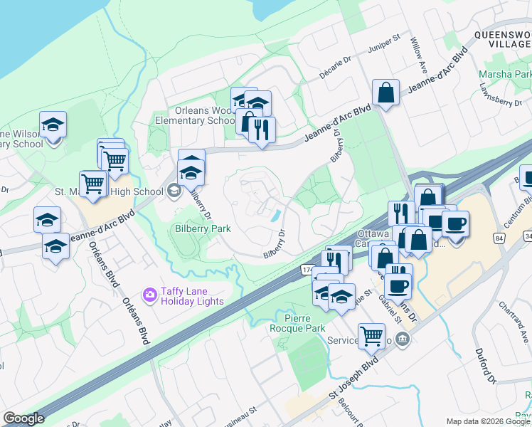 map of restaurants, bars, coffee shops, grocery stores, and more near Montblanc Private in Ottawa